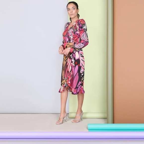 NWT BL^NK LONDON X ANTHROPOLOGIE Butterfly Faux Wrap Midi Dress Size Small - Picture 3 of 12